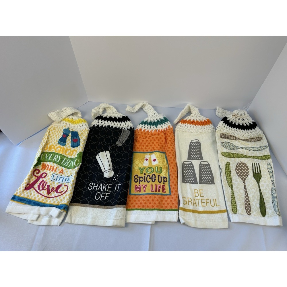 Set of 5 Hanging Kitchen Towels Crochet Top Farmhouse Cute Sayings 2008